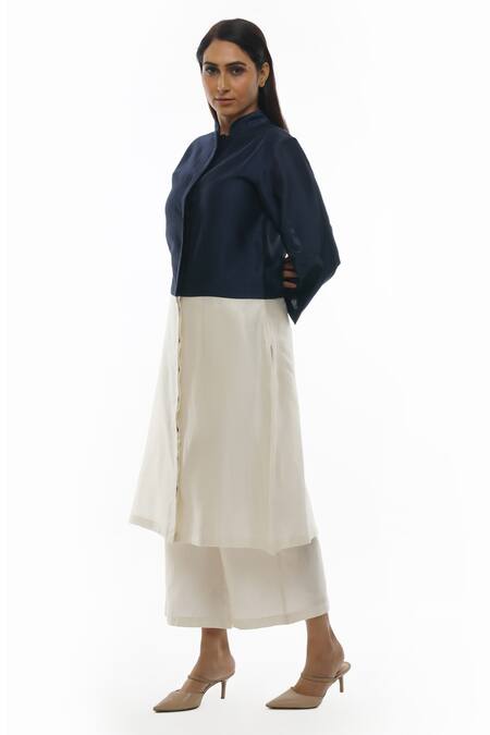 Khat Blue Chanderi Cotton, Silk Bandeau Neck Color Block Shirt Dress And Pant Set at Aza Fashions Khat_Blue Chanderi Cotton, Silk Bandeau Neck Color Block Shirt Dress And Pant Set _at_Aza_Fashions