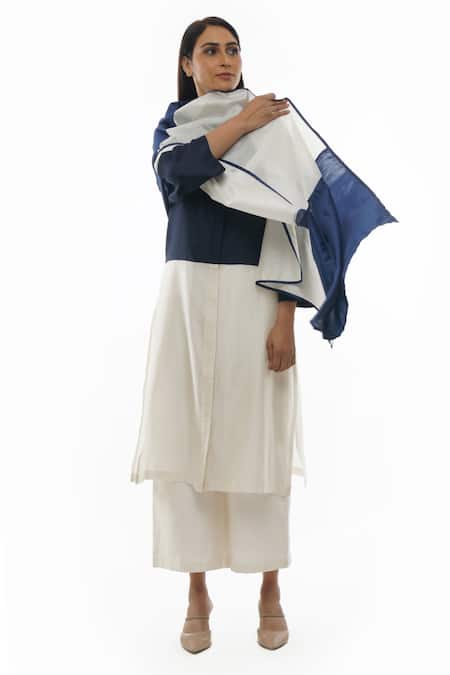 Khat Blue Chanderi Cotton, Silk Mandarin Collar Color Block Shirt Tunic Pant Set 