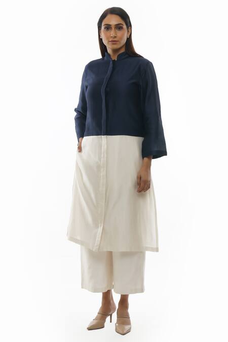 Khat Blue Chanderi Cotton, Silk Mandarin Collar Color Block Shirt Tunic Pant Set Online at Aza Fashions Khat_Blue Chanderi Cotton, Silk Mandarin Collar Color Block Shirt Tunic Pant Set _Online_at_Aza_Fashions