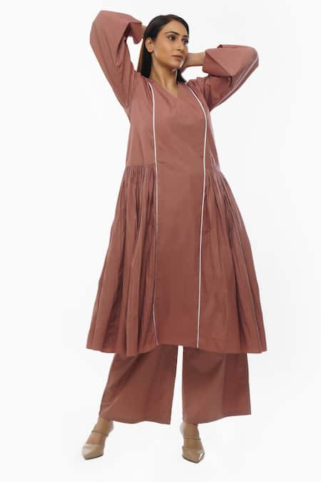 KHAT Pink Poplin Cotton Plain V Neck Side Gathered Dress And Pant Set 