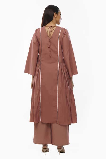 Shop Khat Pink Cotton, Poplin V-neck Side Gathered Tunic Pant Set at Aza Fashions Shop_Khat_Pink Cotton, Poplin V-neck Side Gathered Tunic Pant Set _at_Aza_Fashions