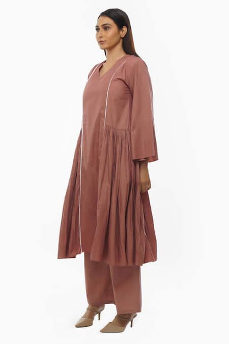 Buy Khat Pink Cotton, Poplin V-neck Side Gathered Tunic Pant Set Buy_Khat_Pink Cotton, Poplin V-neck Side Gathered Tunic Pant Set