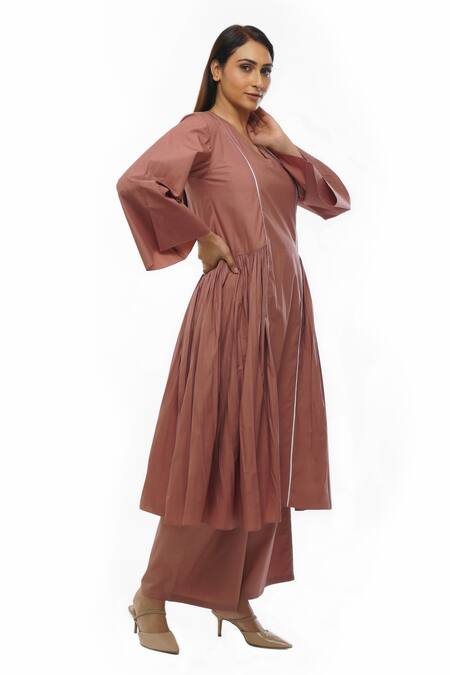 Shop Khat Pink Cotton, Poplin V-neck Side Gathered Tunic Pant Set Shop_Khat_Pink Cotton, Poplin V-neck Side Gathered Tunic Pant Set