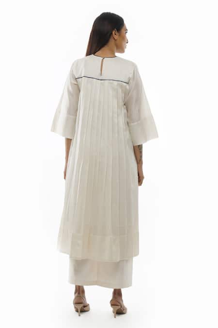 Shop_Khat_White Chanderi Cotton, Silk Embroidery Round Neck Back Pleated Tunic And Pant Set _at_Aza_Fashions