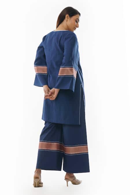 Shop_Khat_Blue Handloom , Piping Collared Handwoven Tunic And Pant Set _at_Aza_Fashions