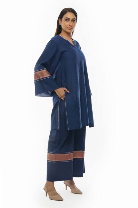 Shop_Khat_Blue Handloom , Piping Collared Handwoven Tunic And Pant Set _Online_at_Aza_Fashions