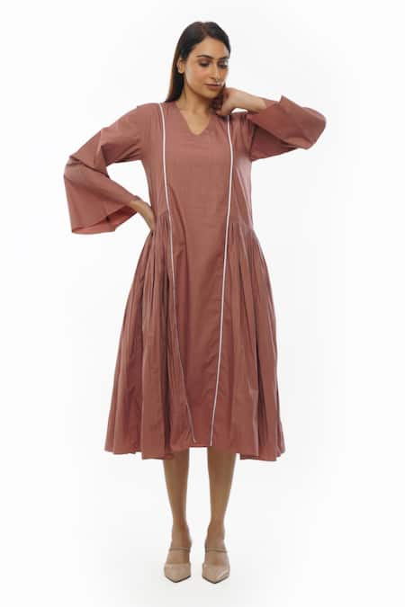 KHAT Pink Poplin Cotton Plain V Neck Side Gathered Panelled Dress 