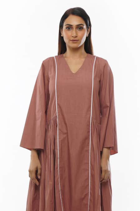 Shop_Khat_Pink Cotton, Poplin V-neck Side Gathered Panelled Dress _Online_at_Aza_Fashions