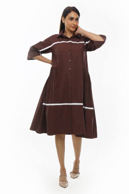 Khat_Brown Cotton Collared Side Gathered Shirt Dress _Online_at_Aza_Fashions