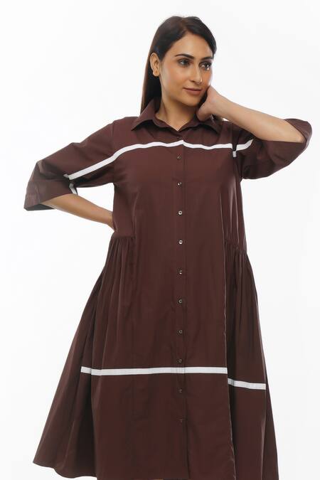 Buy_Khat_Brown Cotton Collared Side Gathered Shirt Dress _Online_at_Aza_Fashions