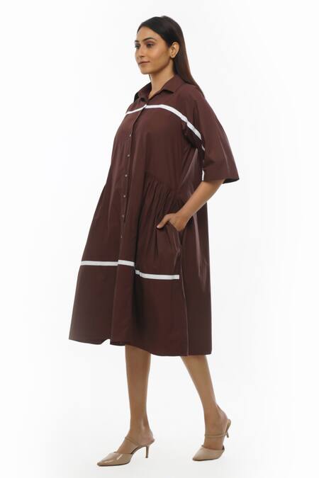 Shop_Khat_Brown Cotton Collared Side Gathered Shirt Dress _Online_at_Aza_Fashions