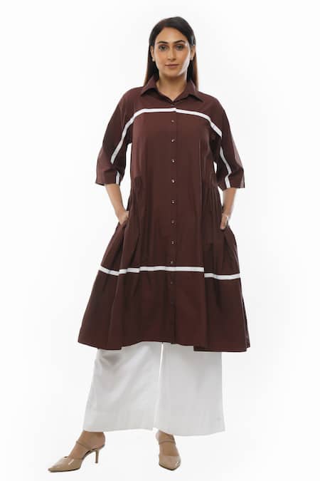 KHAT Brown Poplin Cotton Plain Collar Side Gathered Shirt Dress And Pant Set 