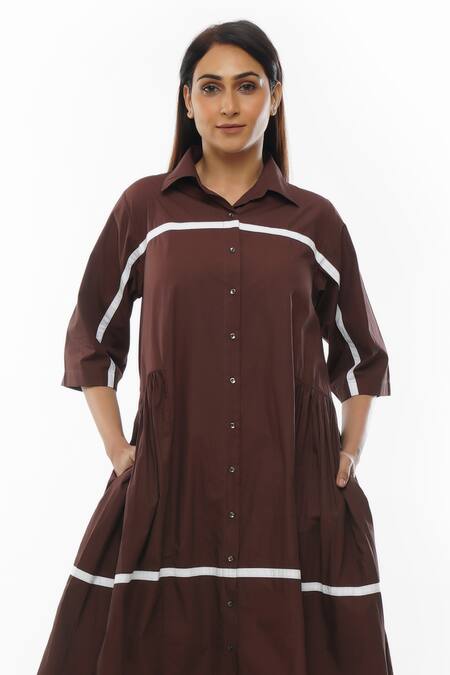 Khat Brown Poplin, Cotton Collared Side Gathered Shirt Dress And Pant Set Online at Aza Fashions Khat_Brown Poplin, Cotton Collared Side Gathered Shirt Dress And Pant Set _Online_at_Aza_Fashions