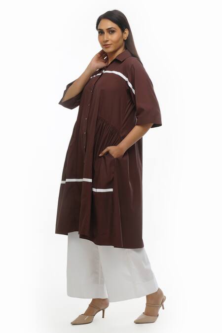 Shop Khat Brown Poplin, Cotton Collared Side Gathered Shirt Dress And Pant Set Online at Aza Fashions Shop_Khat_Brown Poplin, Cotton Collared Side Gathered Shirt Dress And Pant Set _Online_at_Aza_Fashions