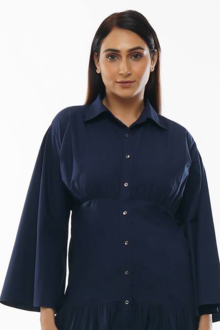 Khat_Blue Cotton Collared Sleeve Shirt Dress _Online_at_Aza_Fashions