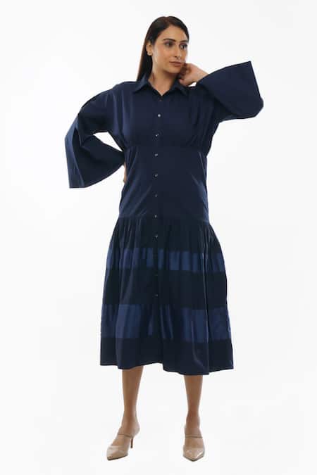 Buy_Khat_Blue Cotton Collared Sleeve Shirt Dress _Online_at_Aza_Fashions