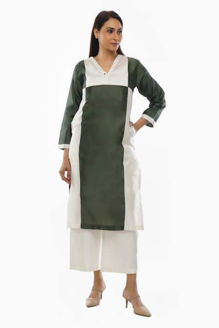 Shop Khat Green Chanderi Cotton, Silk V-neck Color Block Top And Pant Set at Aza Fashions Shop_Khat_Green Chanderi Cotton, Silk V-neck Color Block Top And Pant Set _at_Aza_Fashions