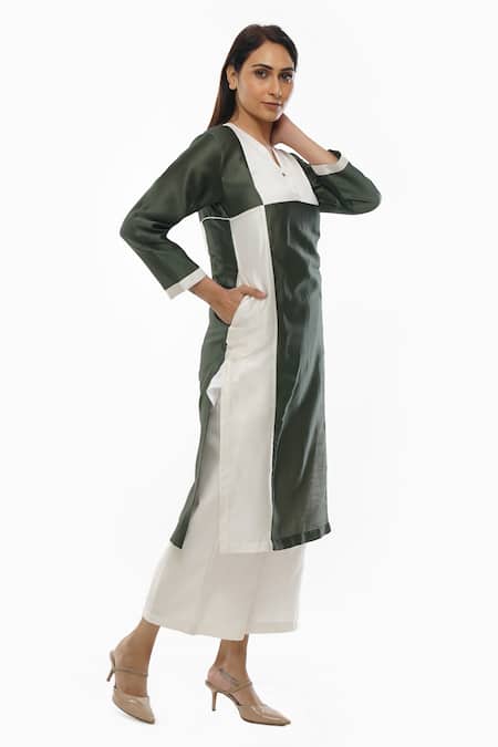 Buy Khat Green Chanderi Cotton, Silk V-neck Color Block Top And Pant Set Online at Aza Fashions Buy_Khat_Green Chanderi Cotton, Silk V-neck Color Block Top And Pant Set _Online_at_Aza_Fashions