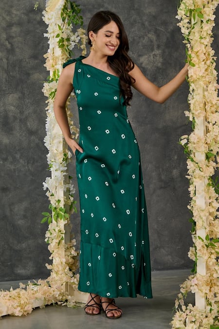 Gulaal Green Modal Satin Printed Hand Tie-dyed Bandhani One Shoulder Dress 