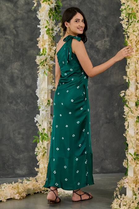 Shop Gulaal Green Modal, Satin One Shoulder Printed Dress at Aza Fashions Shop_Gulaal_Green Modal, Satin One Shoulder Printed Dress_at_Aza_Fashions