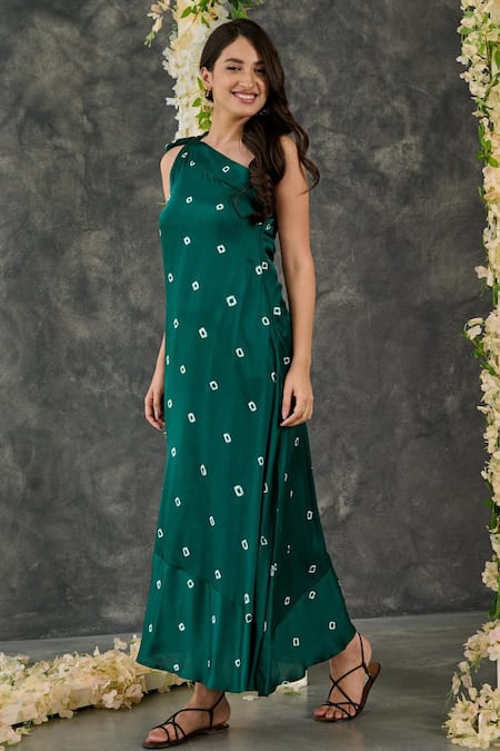 Shop Gulaal Green Modal, Satin One Shoulder Printed Dress Online at Aza Fashions Shop_Gulaal_Green Modal, Satin One Shoulder Printed Dress_Online_at_Aza_Fashions