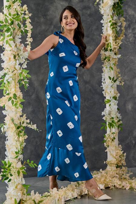 Buy_Gulaal_Blue Modal, Satin One Shoulder Bandhani Print Dress_Online_at_Aza_Fashions