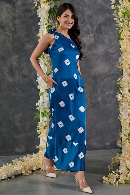 Shop_Gulaal_Blue Modal, Satin One Shoulder Bandhani Print Dress_Online_at_Aza_Fashions