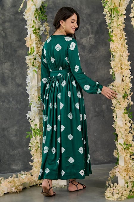 Shop Gulaal Green Modal, Satin V-neck Printed Maxi Dress at Aza Fashions Shop_Gulaal_Green Modal, Satin V-neck Printed Maxi Dress_at_Aza_Fashions