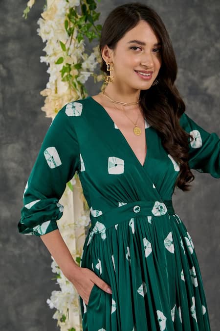 Gulaal Green Modal, Satin V-neck Printed Maxi Dress Online at Aza Fashions Gulaal_Green Modal, Satin V-neck Printed Maxi Dress_Online_at_Aza_Fashions