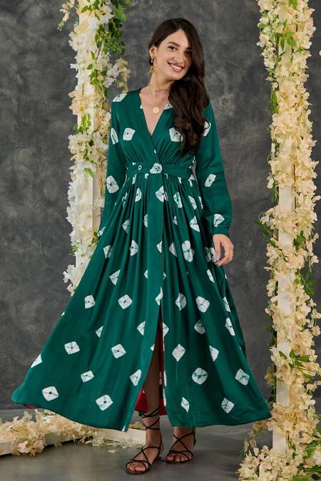 Buy Gulaal Green Modal, Satin V-neck Printed Maxi Dress Online at Aza Fashions Buy_Gulaal_Green Modal, Satin V-neck Printed Maxi Dress_Online_at_Aza_Fashions