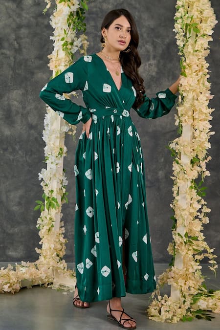 Shop Gulaal Green Modal, Satin V-neck Printed Maxi Dress Online at Aza Fashions Shop_Gulaal_Green Modal, Satin V-neck Printed Maxi Dress_Online_at_Aza_Fashions