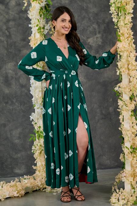 Gulaal Green Modal, Satin V-neck Printed Maxi Dress at Aza Fashions Gulaal_Green Modal, Satin V-neck Printed Maxi Dress_at_Aza_Fashions