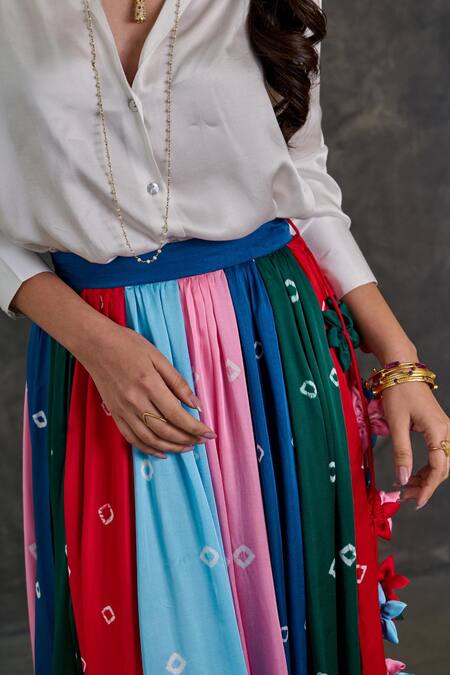 Gulaal_White Modal, Satin Collared Solid Shirt And Printed Skirt Set_Online_at_Aza_Fashions