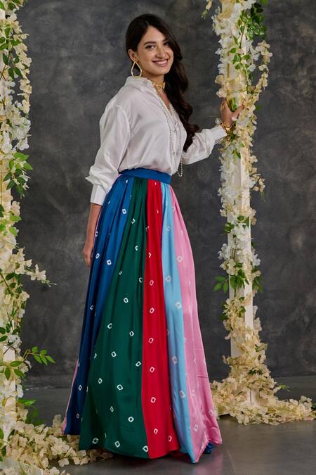 Gulaal_White Modal, Satin Collared Solid Shirt And Printed Skirt Set_at_Aza_Fashions