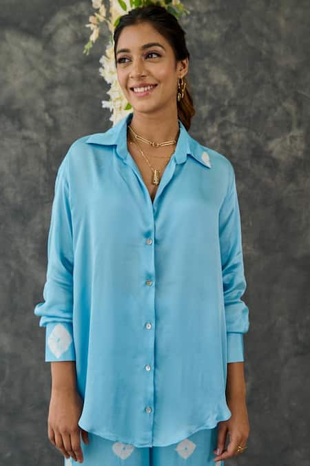 Gulaal_Blue Modal, Satin Embroidery Collared Bandhani Print Shirt And Pant Set_Online_at_Aza_Fashions