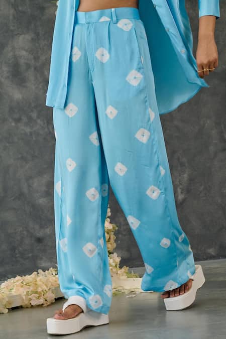 Buy_Gulaal_Blue Modal, Satin Embroidery Collared Bandhani Print Shirt And Pant Set_Online_at_Aza_Fashions