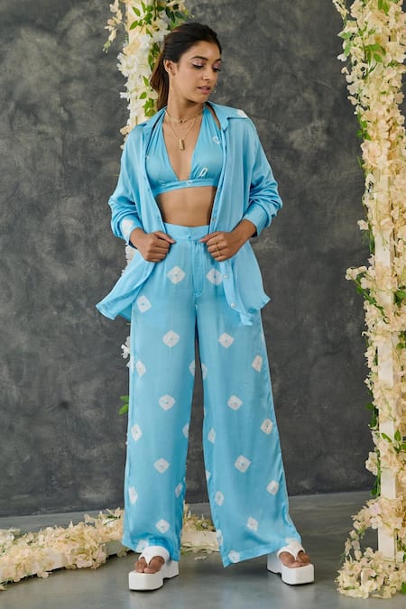 Shop_Gulaal_Blue Modal, Satin Embroidery Collared Bandhani Print Shirt And Pant Set_Online_at_Aza_Fashions