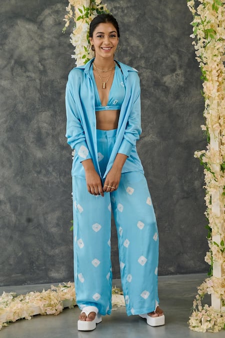 Shop_Gulaal_Blue Modal, Satin Embroidery Collared Bandhani Print Shirt And Pant Set