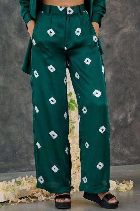 Gulaal_Green Modal, Satin Embroidery Collared Bandhani Pattern Shirt And Pant Set_Online_at_Aza_Fashions