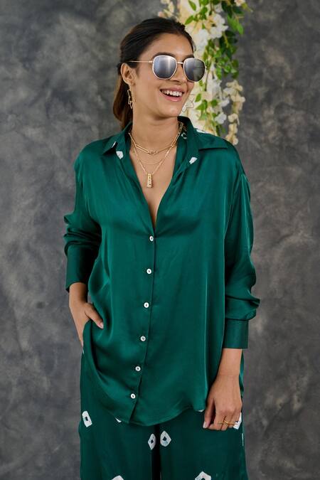 Buy_Gulaal_Green Modal, Satin Embroidery Collared Bandhani Pattern Shirt And Pant Set_Online_at_Aza_Fashions