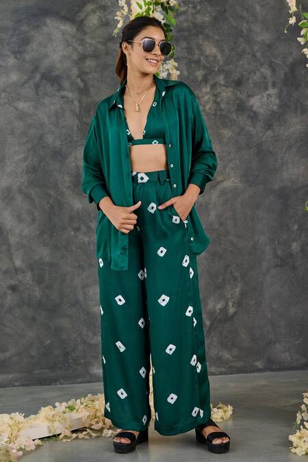 Gulaal_Green Modal, Satin Embroidery Collared Bandhani Pattern Shirt And Pant Set_at_Aza_Fashions