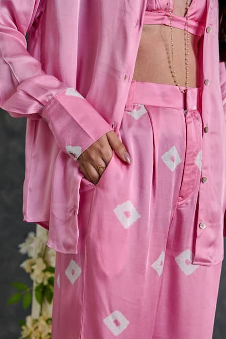 Buy_Gulaal_Pink Modal, Satin Embroidery Collared Bandhani Print Shirt And Pant Set_Online_at_Aza_Fashions