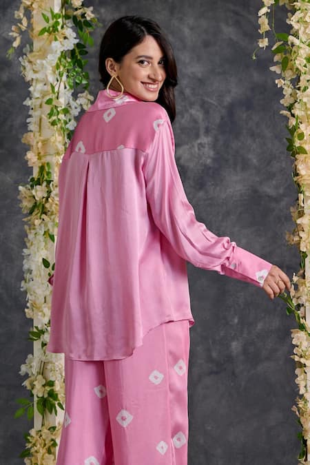Gulaal_Pink Modal, Satin Embroidery Collared Bandhani Print Shirt And Pant Set_at_Aza_Fashions