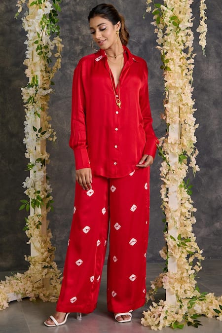 Buy_Gulaal_Red Modal, Satin Embroidery Collared Bandhani Print Shirt And Pant Set_Online_at_Aza_Fashions
