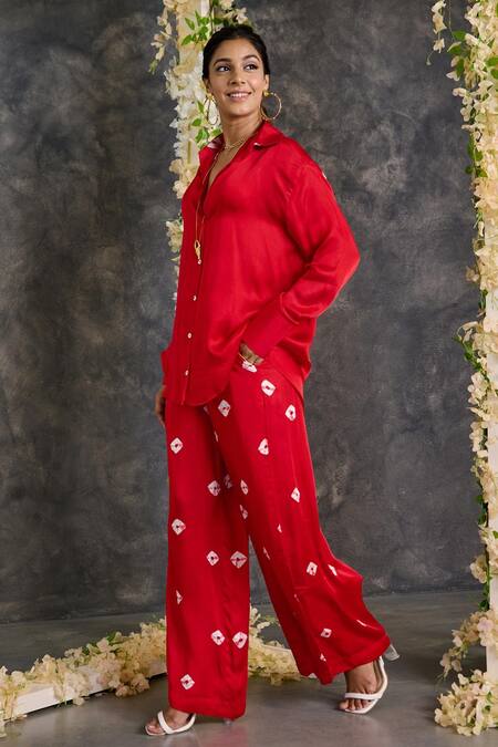 Shop_Gulaal_Red Modal, Satin Embroidery Collared Bandhani Print Shirt And Pant Set_Online_at_Aza_Fashions