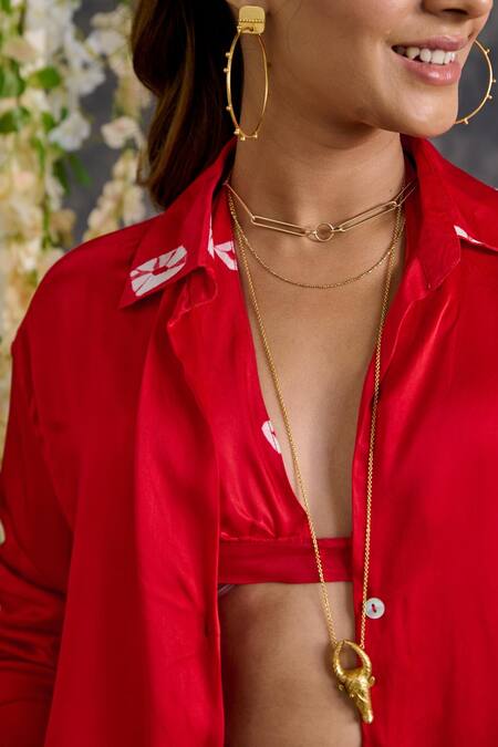 Buy_Gulaal_Red Modal, Satin Embroidery Collared Bandhani Print Shirt And Pant Set