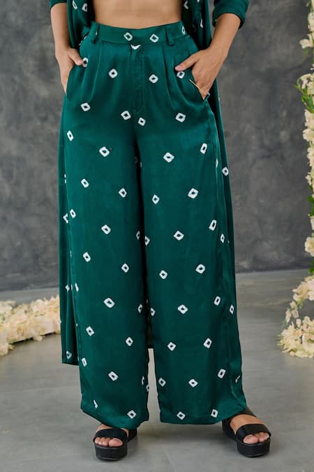 Gulaal_Green Modal, Satin Embroidery Collared Bandhani Pattern Shrug And Pant Set_Online_at_Aza_Fashions