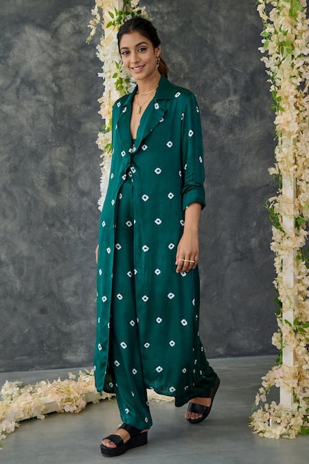 Buy_Gulaal_Green Modal, Satin Embroidery Collared Bandhani Pattern Shrug And Pant Set_Online_at_Aza_Fashions