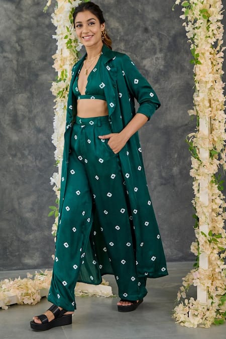 Gulaal_Green Modal, Satin Embroidery Collared Bandhani Pattern Shrug And Pant Set_at_Aza_Fashions