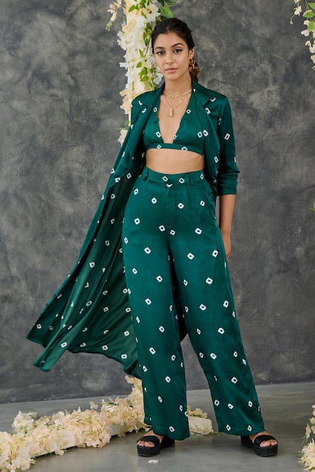Buy_Gulaal_Green Modal, Satin Embroidery Collared Bandhani Pattern Shrug And Pant Set